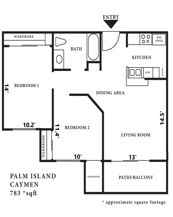 Floor plan for 2 beds, 1 bath, 783 sqft